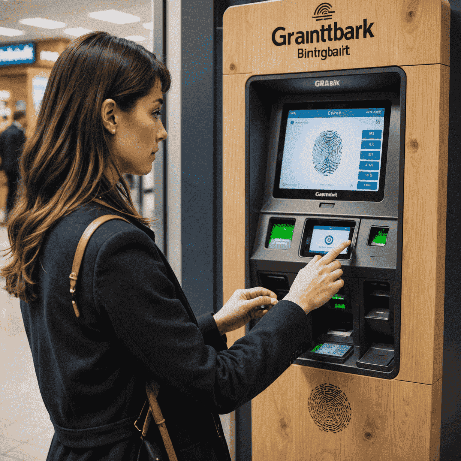 Egy személy ujjlenyomatával azonosítja magát egy Grantibark ATM-nél, demonstrálva a biometrikus azonosítás használatát